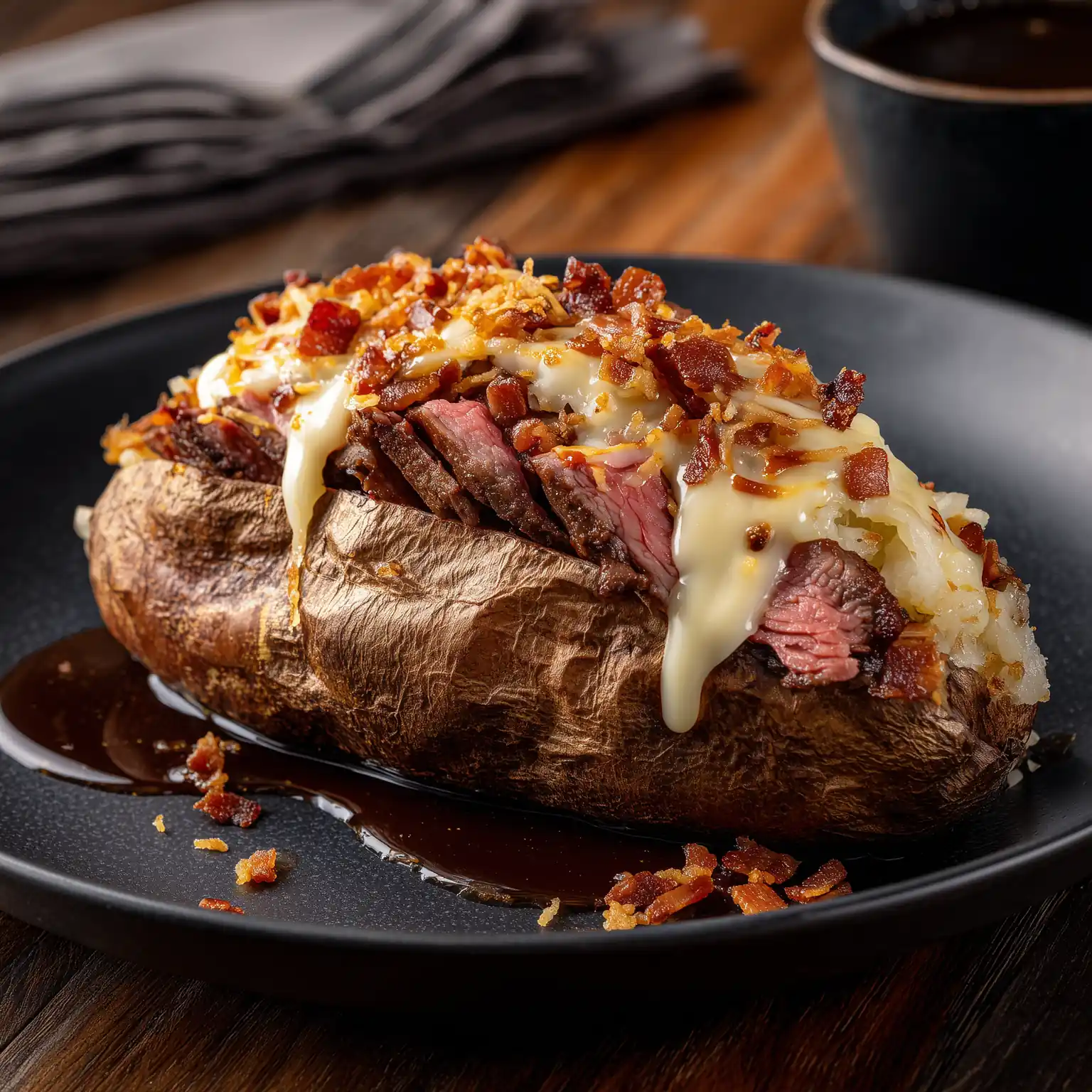 Pit Boss potato with wagyu steak, Swiss cheese, bacon bits, and au jus